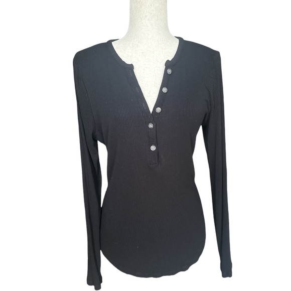 White House Black Market Tops - White House Black Market (WHBM) Black Ribbed Henley Long Sleeve Top - Size M